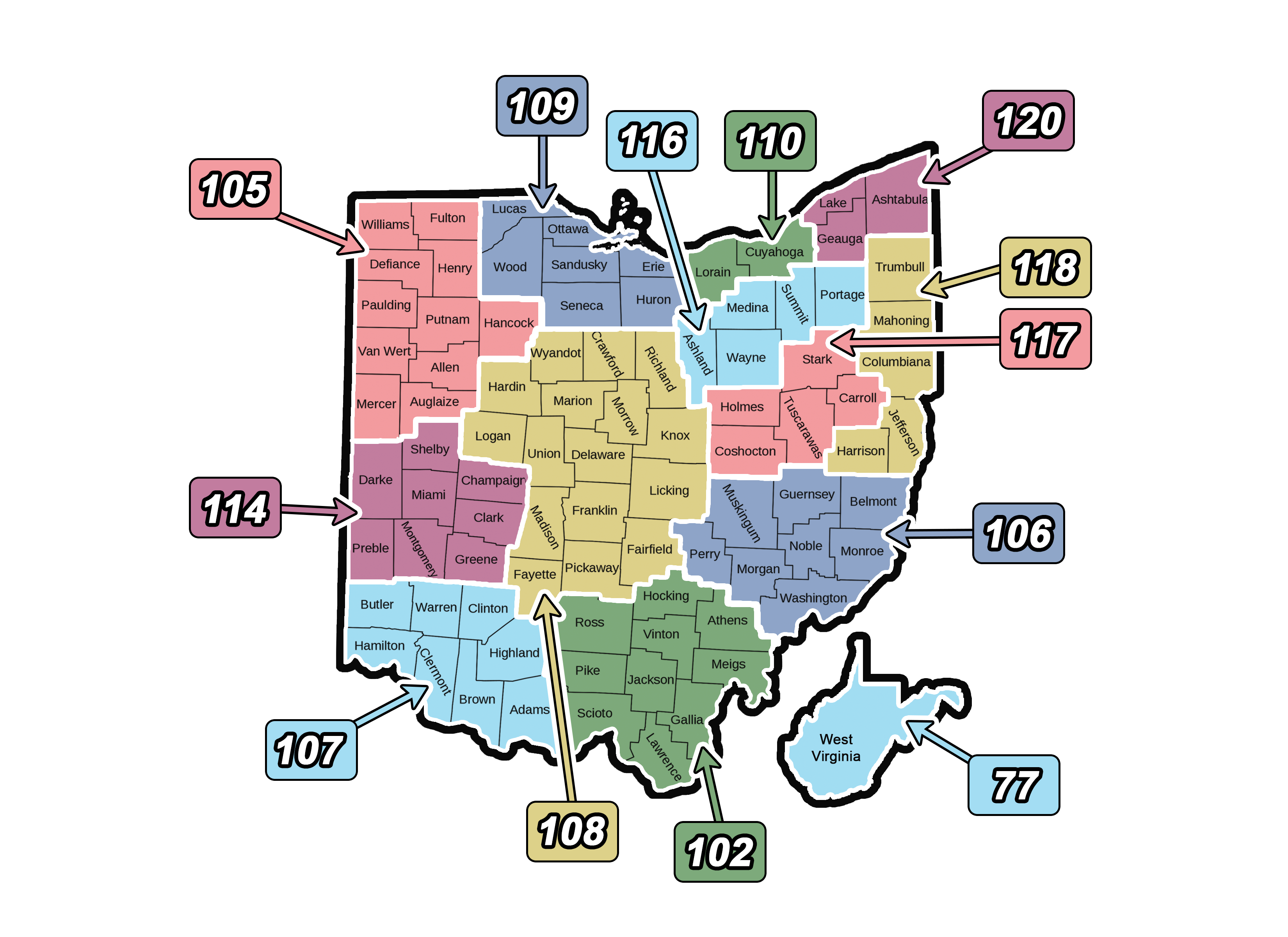 A map of Chapter 1184's subchapters by county.